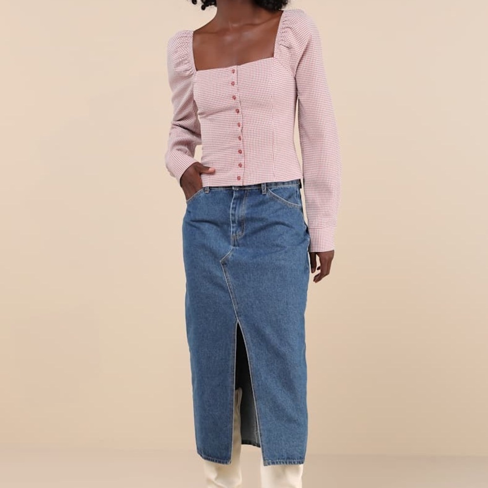 Lulus Demure and Sweet Terracotta Pink Gingham Button-Front Long Sleeve Top XL - Picture 4 of 10